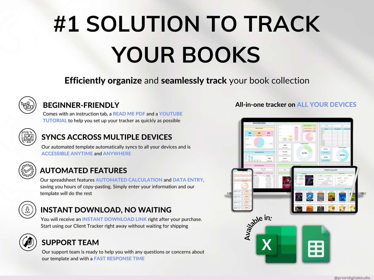 Premium Book Tracker Spreadsheet Template | Priori Digital Studio ...
