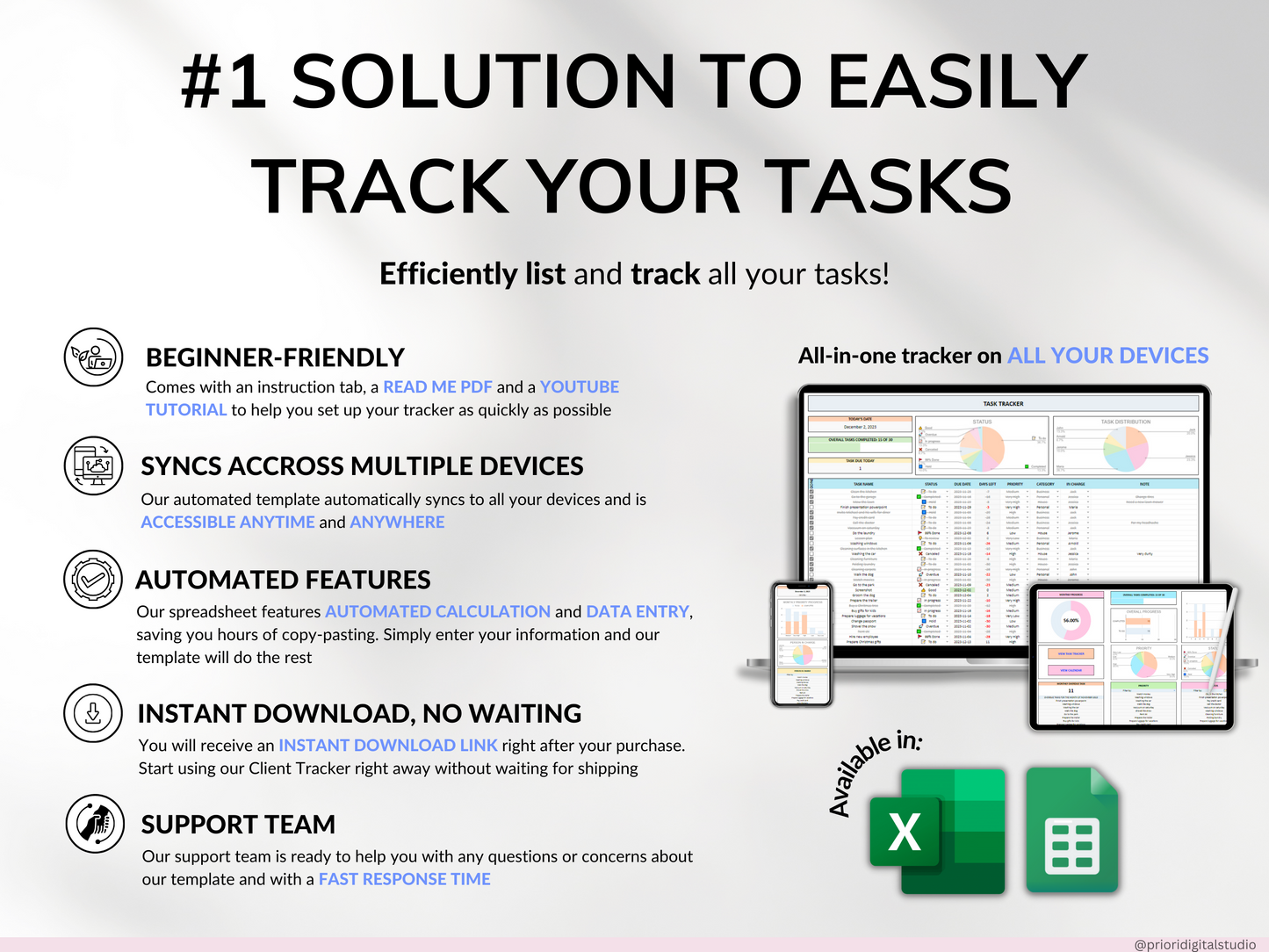 To Do List Tracker Task Planner Excel Google Sheets Template Productivity Planner Daily Weekly To Do List Calendar Daily Checklist Template