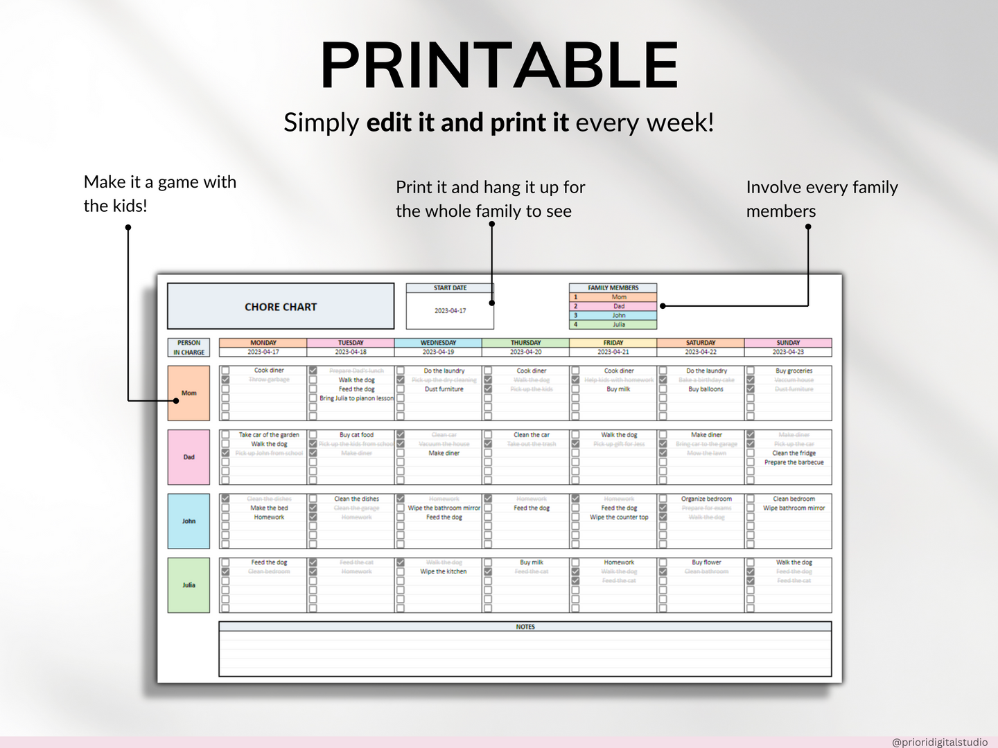 Printable Chore Chart Google Sheet Excel Template Planner Family Chore Cart Weekly Calendar Cleaning Checklist Daily Chore Chart for Kids