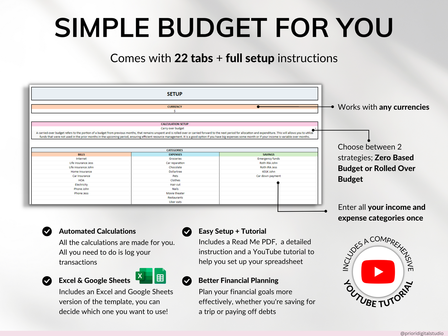 Monthly Budget 50/30/20 Annual Budget Planner Google Sheets Excel Paycheck Budget Biweekly Financial Planner Bill Calendar Debt Tracker