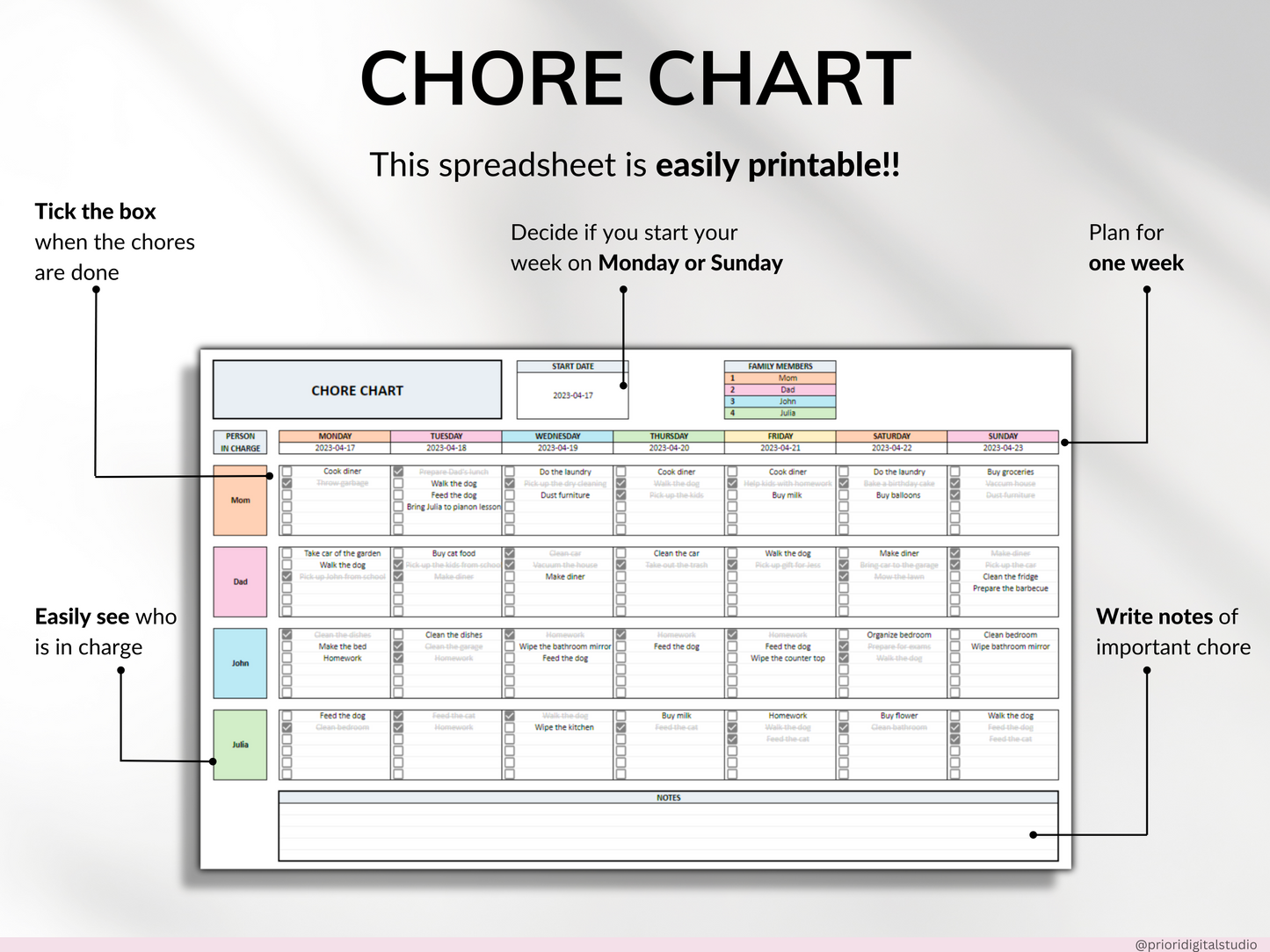 Printable Chore Chart Google Sheet Excel Template Planner Family Chore Cart Weekly Calendar Cleaning Checklist Daily Chore Chart for Kids