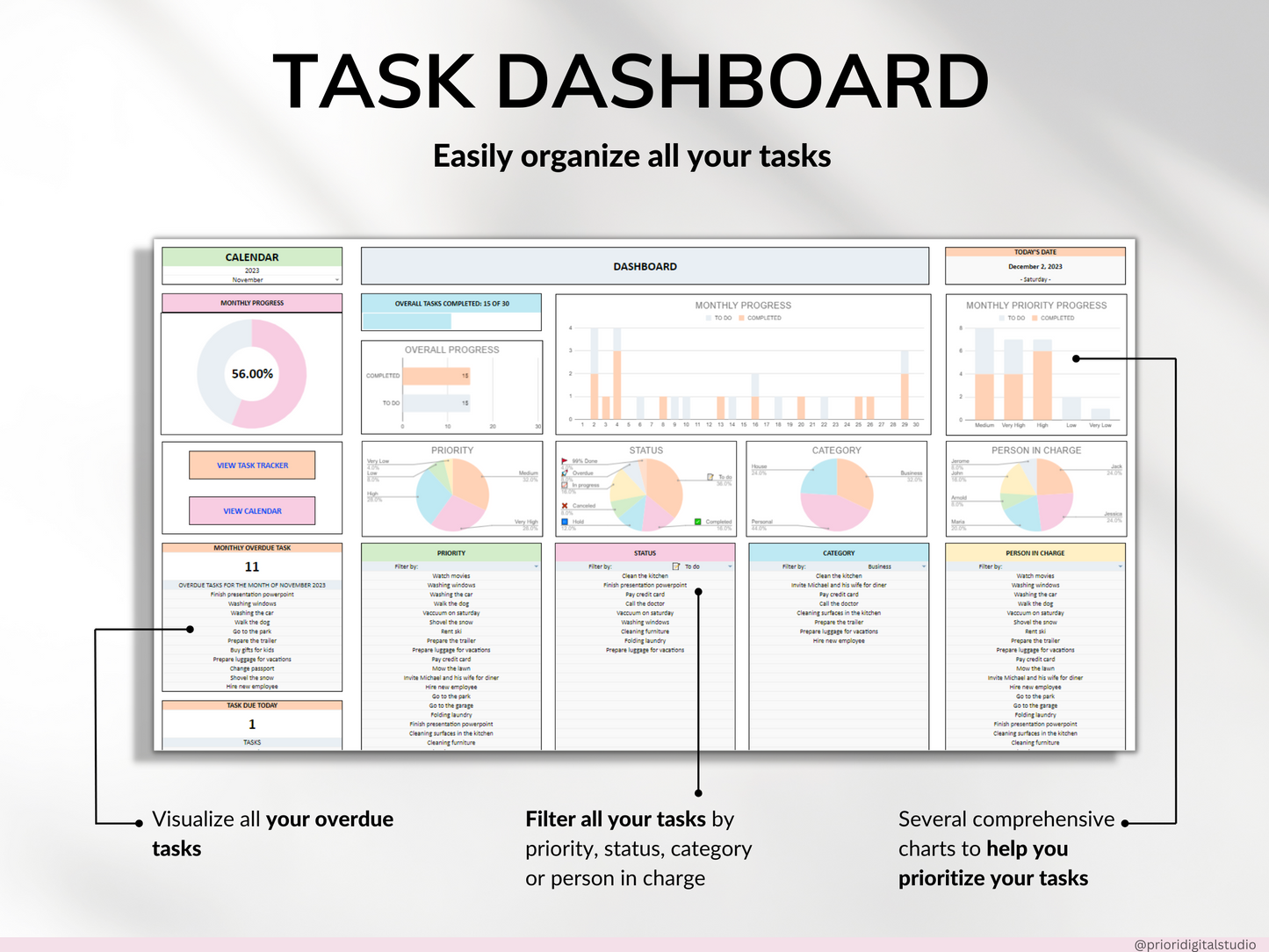 To Do List Tracker Task Planner Excel Google Sheets Template Productivity Planner Daily Weekly To Do List Calendar Daily Checklist Template