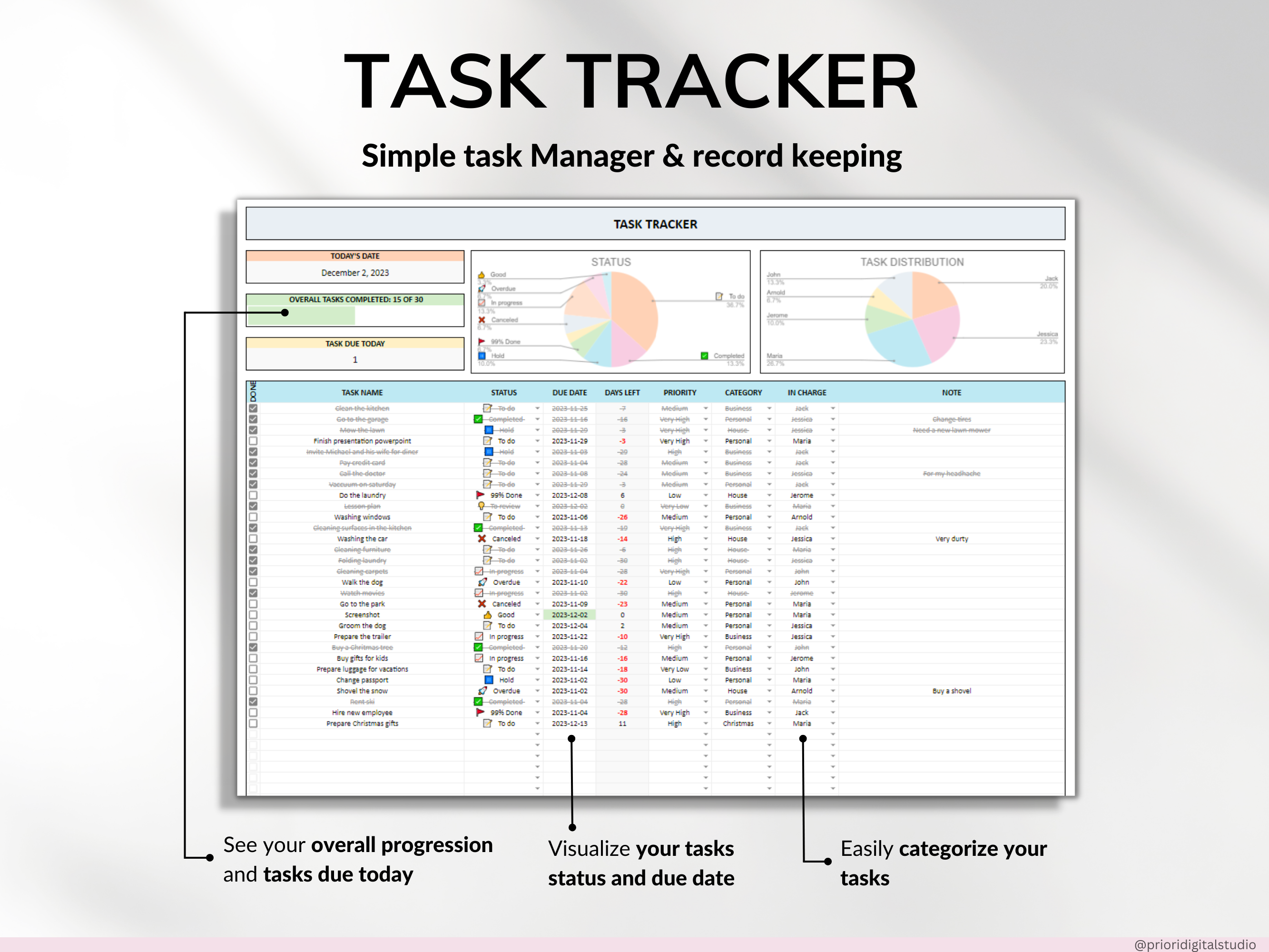 To Do List Tracker Task Planner Excel Google Sheets Template Productivity Planner Daily Weekly To Do List Calendar Daily Checklist Template