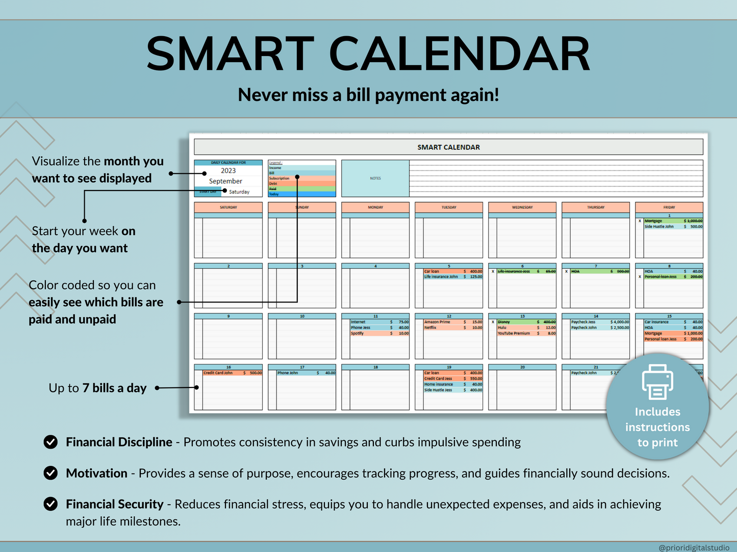 Bill Tracker Spreadsheet Google Sheets Excel Bill Calendar Monthly Smart Bill Planner Editable 2024 Calendar Personal Finance Budget Tracker