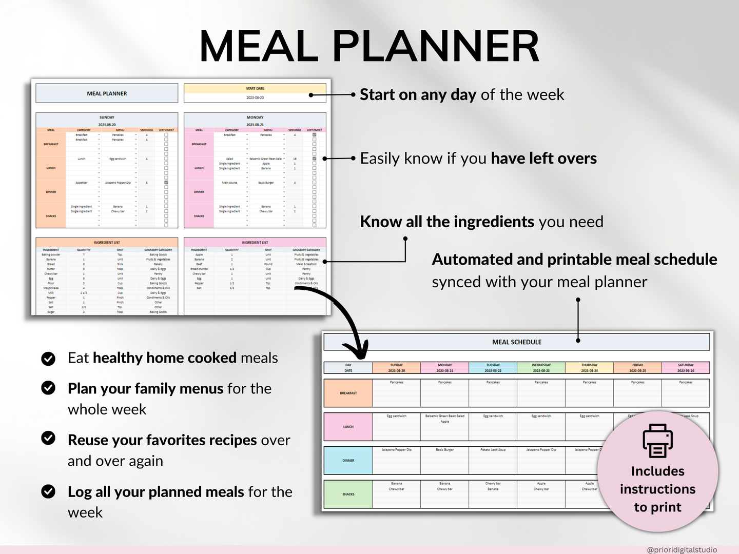 Weekly Meal Planner Spreadsheet Google Sheets Excel Recipe Journal Calorie Tracker Automatic Grocery List Weight Loss Tracker Food Inventory