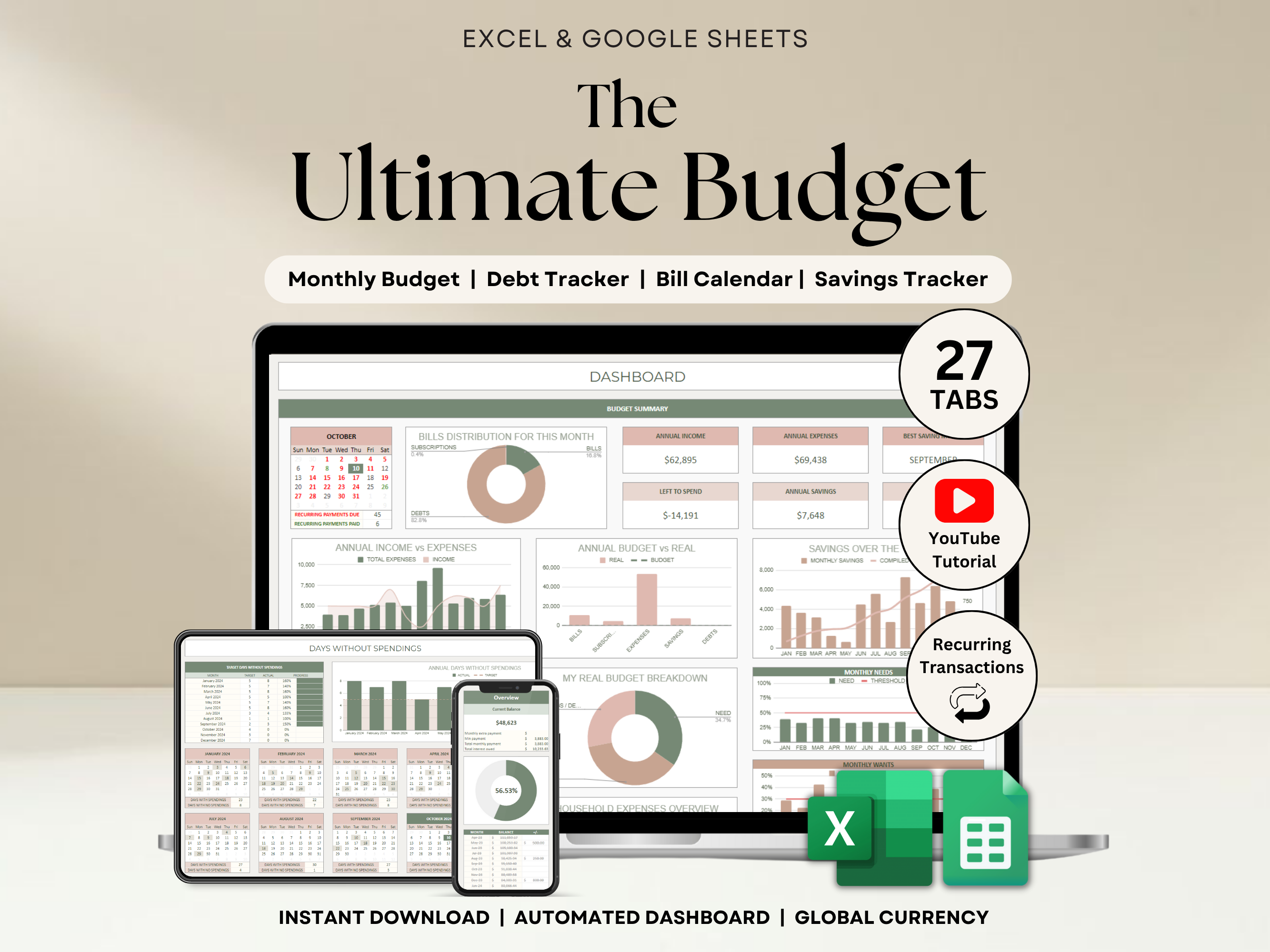 Ultimate Annual Budget Spreadsheet Monthly Budget Tracker Couple Financial Planner Bill Tracker Debt Tracker Savings Excel Google Sheets