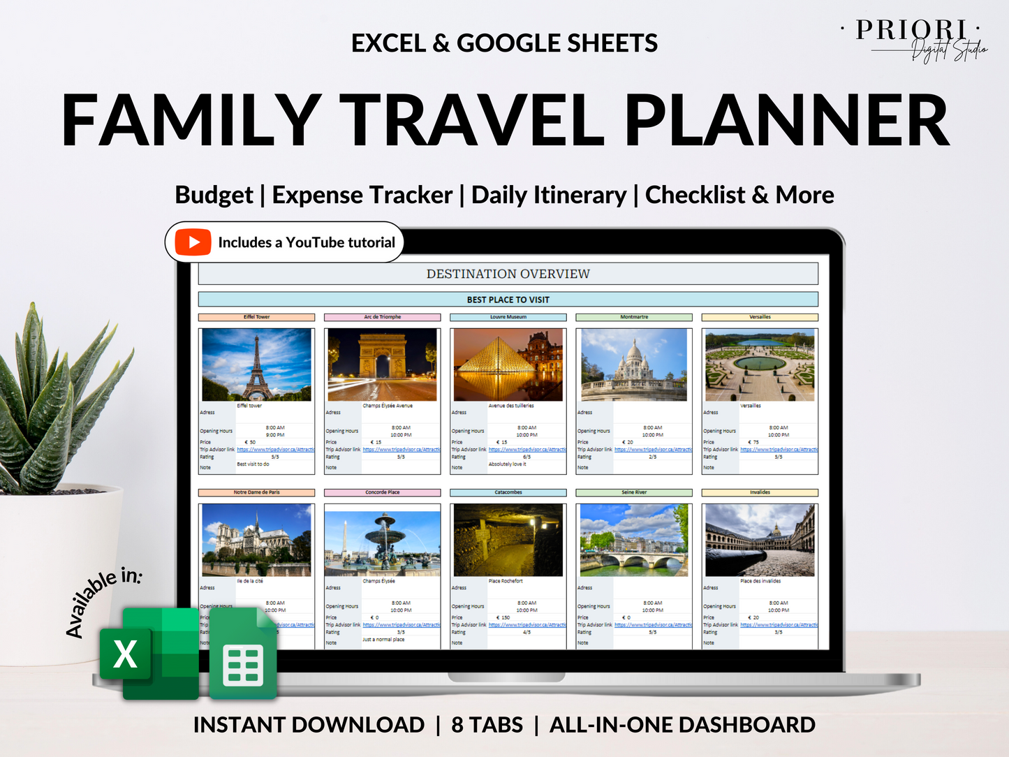 Travel Planner Google Sheet Excel Template Holiday Organizer Family Travel Budget Spreadsheet Travel Itinerary Vacation Planner Packing List