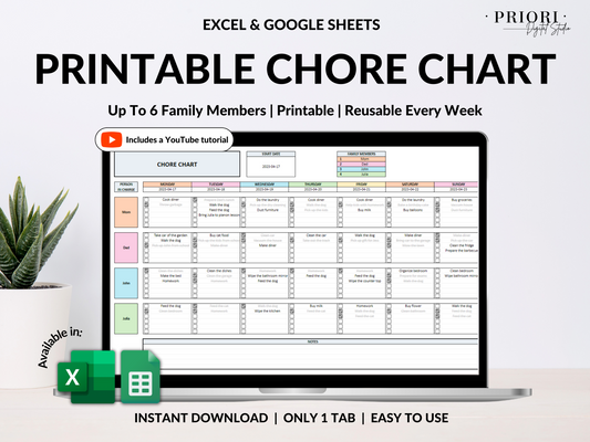 Printable Chore Chart Google Sheet Excel Template Planner Family Chore Cart Weekly Calendar Cleaning Checklist Daily Chore Chart for Kids