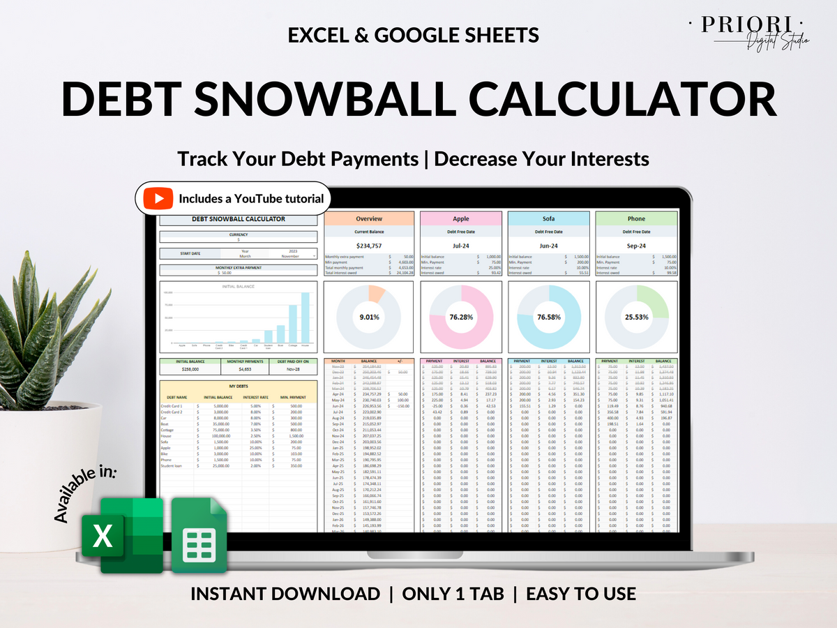 Debt Snowball Calculator Spreadsheet Template | Priori Digital Studio – PrioriDigitalStudio