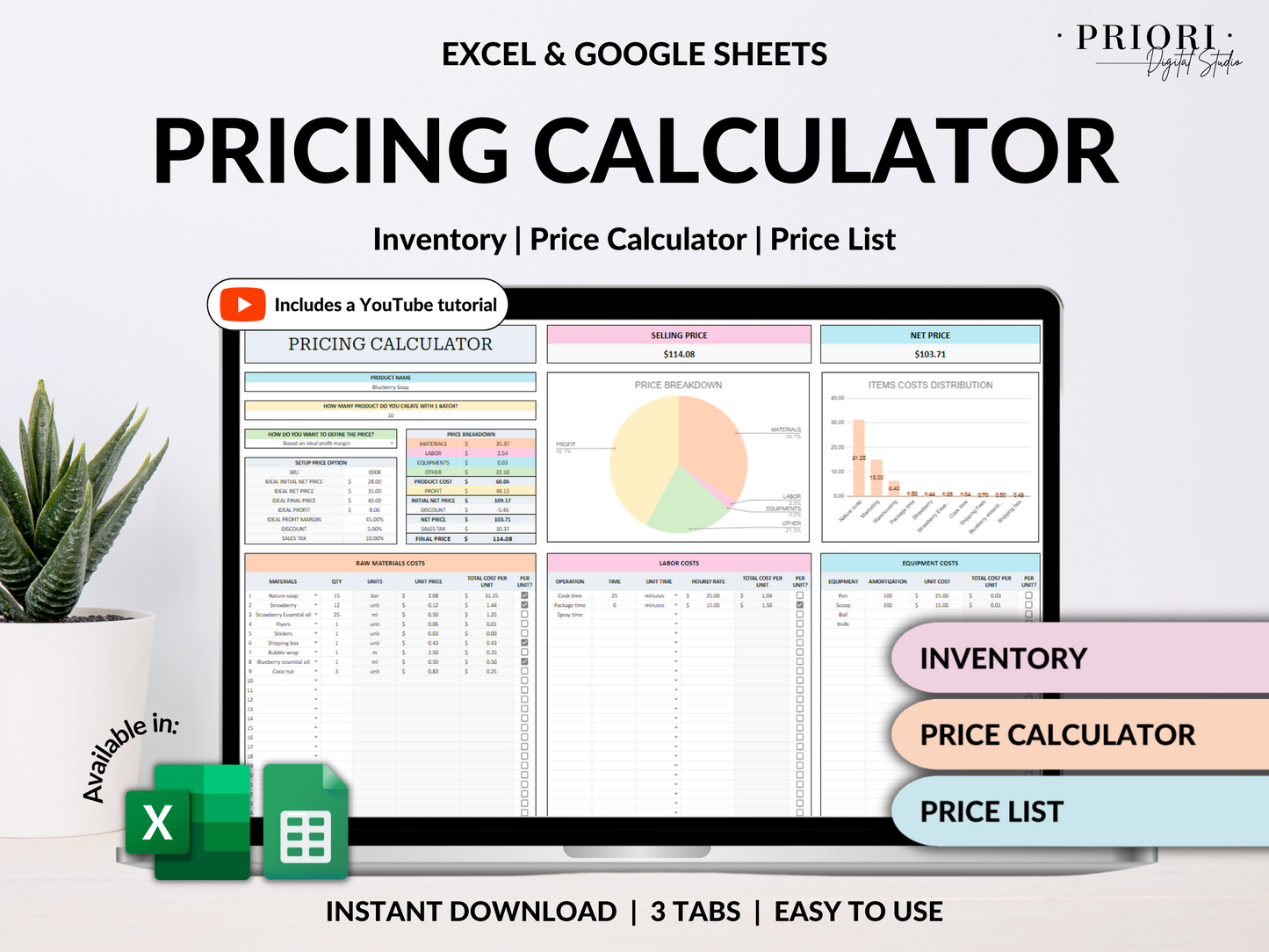 Pricing Calculator for Small Business Google Sheets Excel Business Tracker Handmade Products Pricing Template Profit Margin Pricing Guide