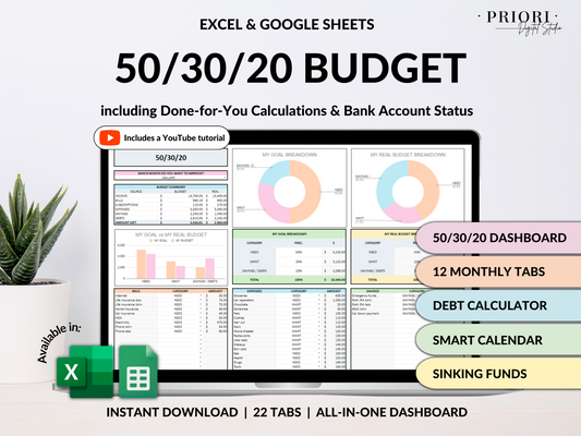 Monthly Budget 50/30/20 Annual Budget Planner Google Sheets Excel Paycheck Budget Biweekly Financial Planner Bill Calendar Debt Tracker