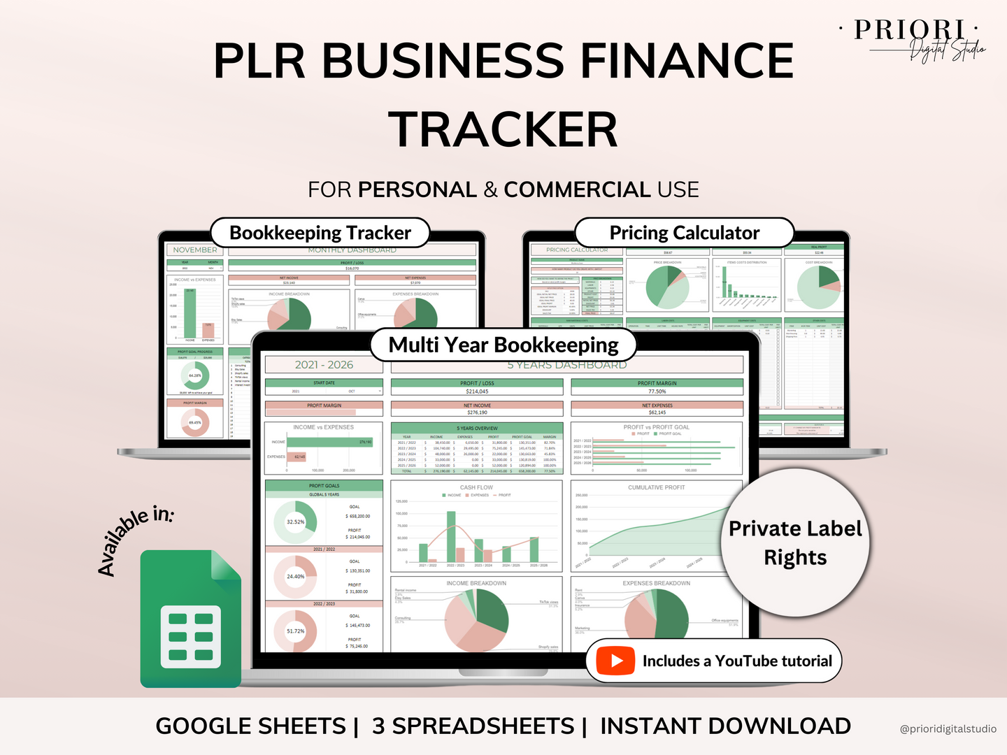 PLR Bookkeeping Spreadsheet Inventory Tracker Pricing Calculator Commercial Use PLR Google Sheets Bundle Private Label Rights PLR Template