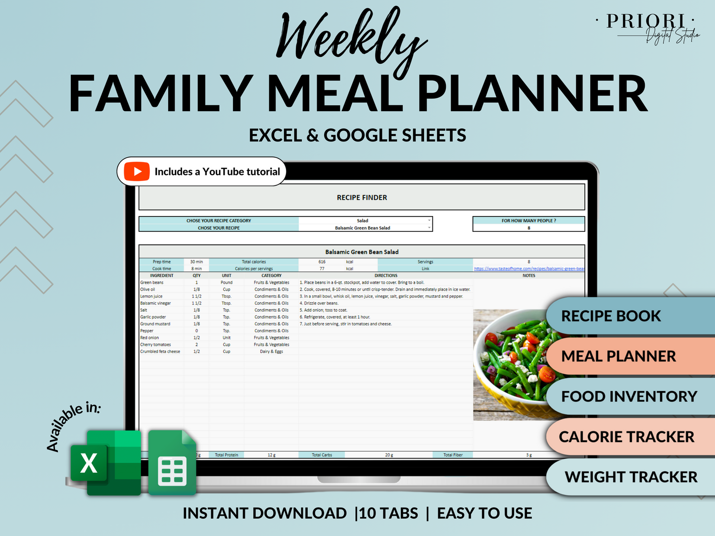 Weekly Meal Planner Spreadsheet Google Sheets Excel Recipe Journal Calorie Tracker Automatic Grocery List Weight Loss Tracker Food Inventory Blue