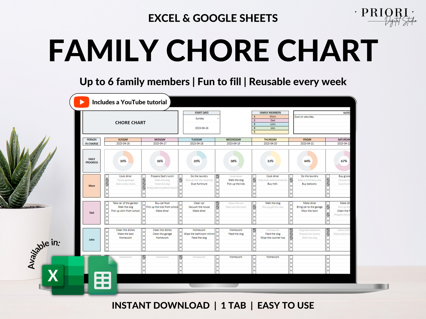 Family Chore Chart Google Sheets Excel Template Planner Family Chore Cart Weekly Calendar Cleaning Checklist Daily Chore Chart for Kids