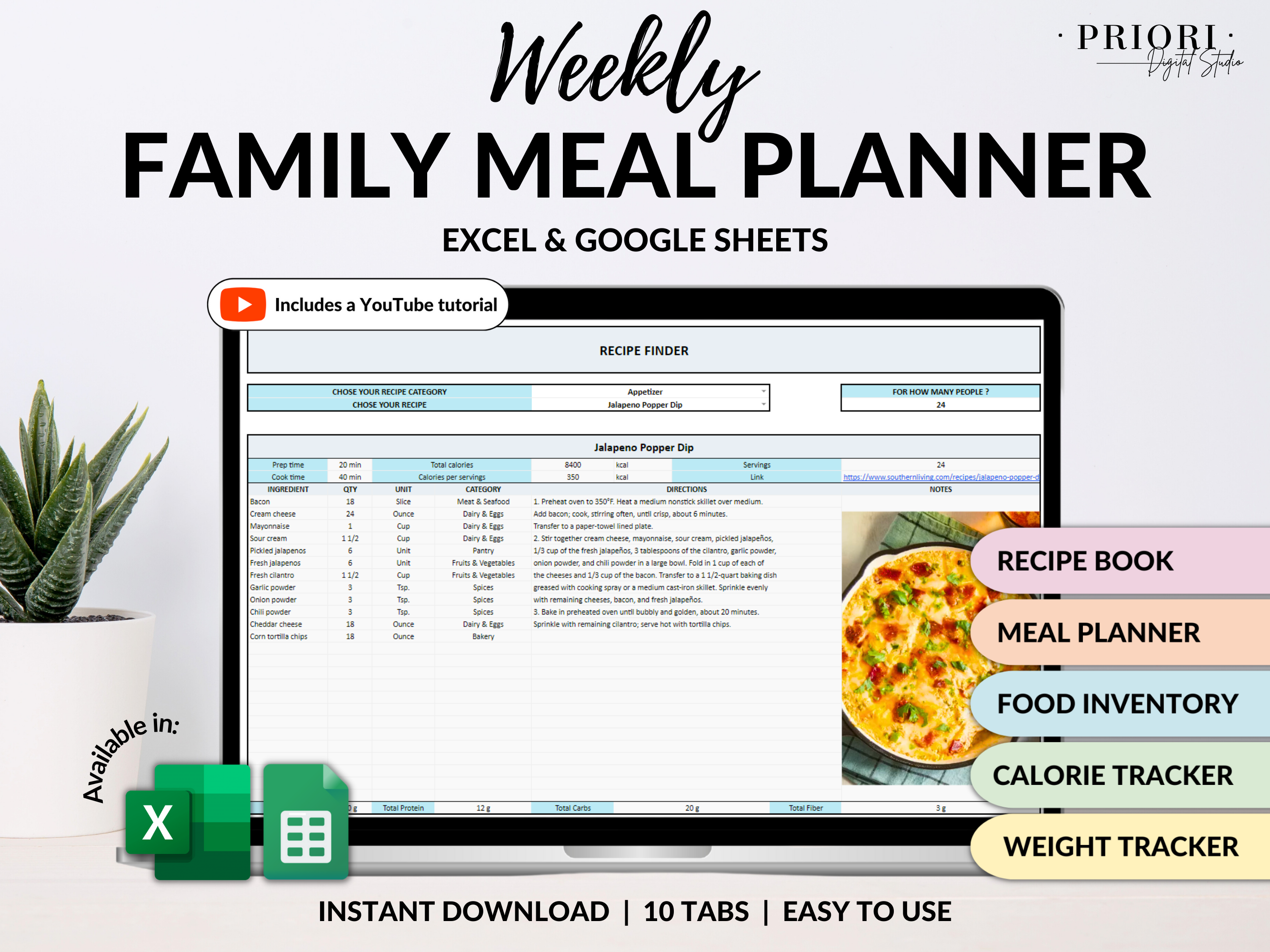 Weekly Meal Planner Spreadsheet Google Sheets Excel Recipe Journal Calorie Tracker Automatic Grocery List Weight Loss Tracker Food Inventory#color_multicolor