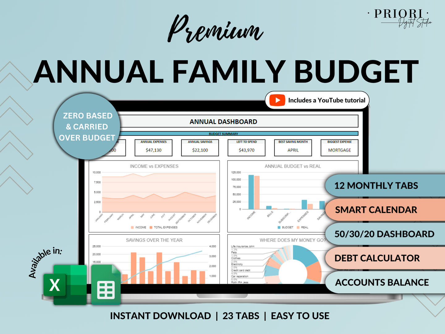 Family Annual Budget Spreadsheet Monthly Budget Biweekly Tracker Excel Google Sheets Couple Financial Planner Bill Calendar Debt Tracker Blue