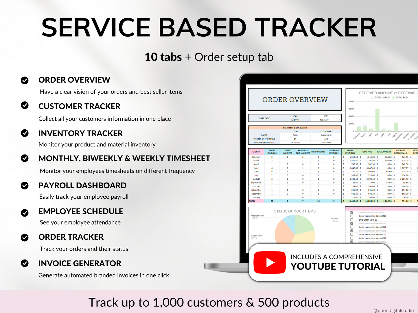 Service Based Small Business Tracker Spreadsheet Google Sheet Excel Inventory Tracker Bookkeeping Template Client Order Tracker Employee Timesheet Payroll