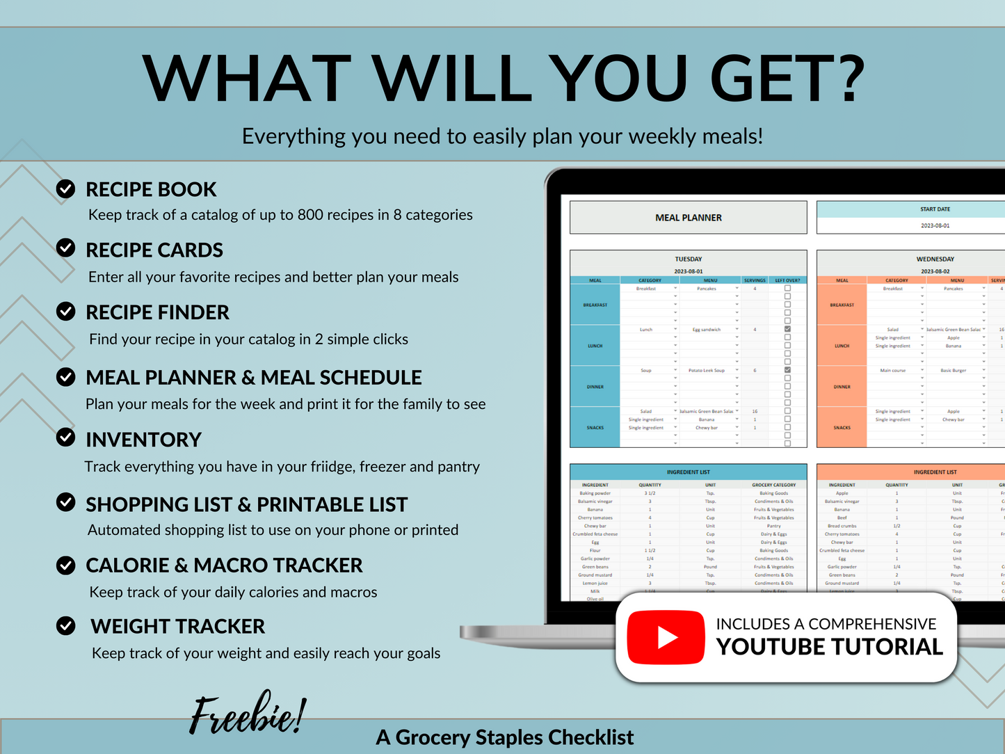 Weekly Meal Planner Spreadsheet Google Sheets Excel Recipe Journal Calorie Tracker Automatic Grocery List Weight Loss Tracker Food Inventory Blue