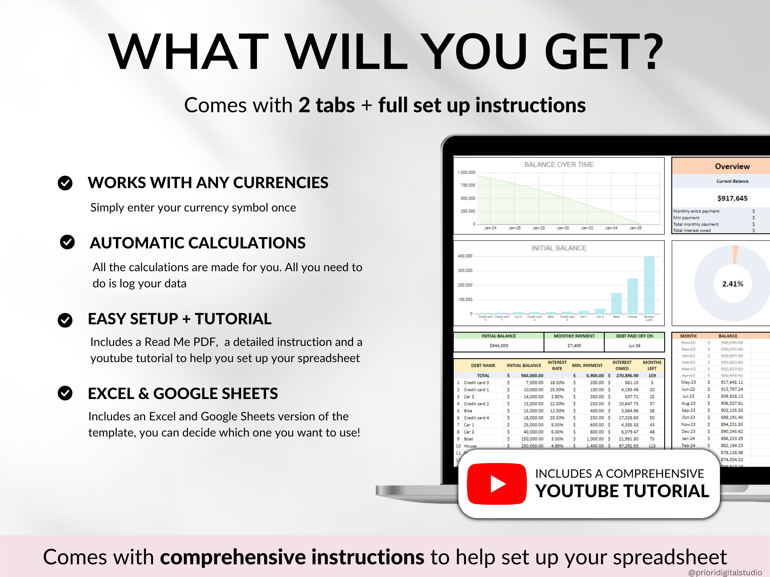 Debt Payoff Tracker Debt Snowball Excel Debt Avalanche Calculator for Google Sheet Student Loan Mortgage House Payment Credit Card Payoff