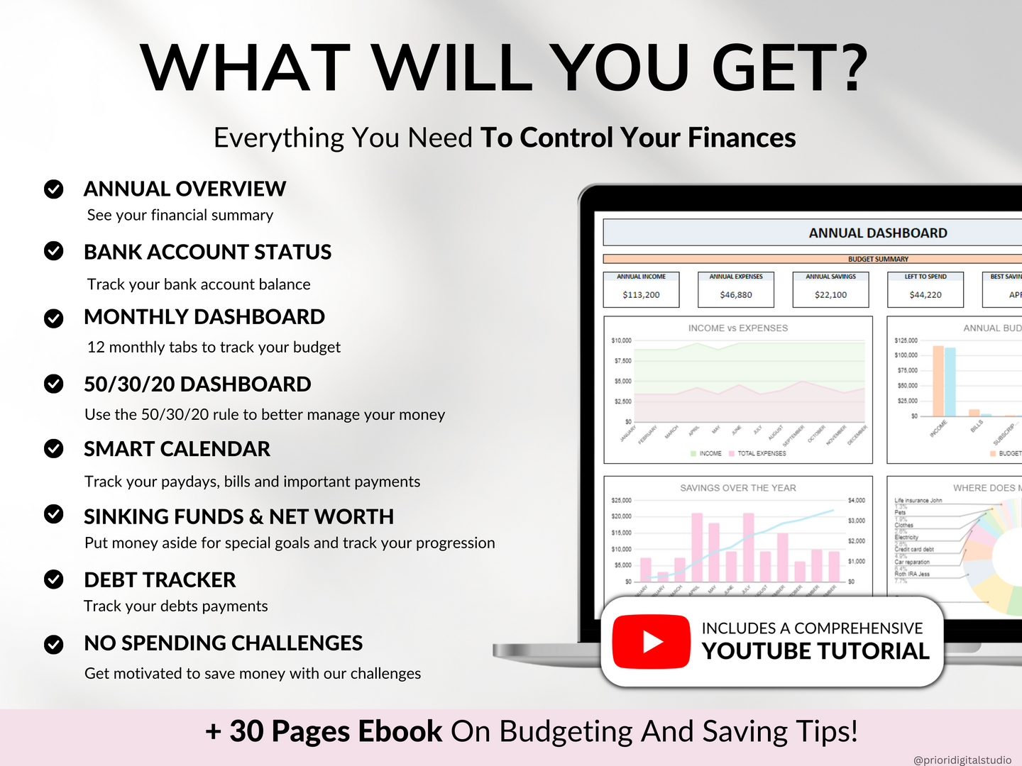 Monthly Budget 50/30/20 Annual Budget Planner Google Sheets Excel Paycheck Budget Biweekly Financial Planner Bill Calendar Debt Tracker