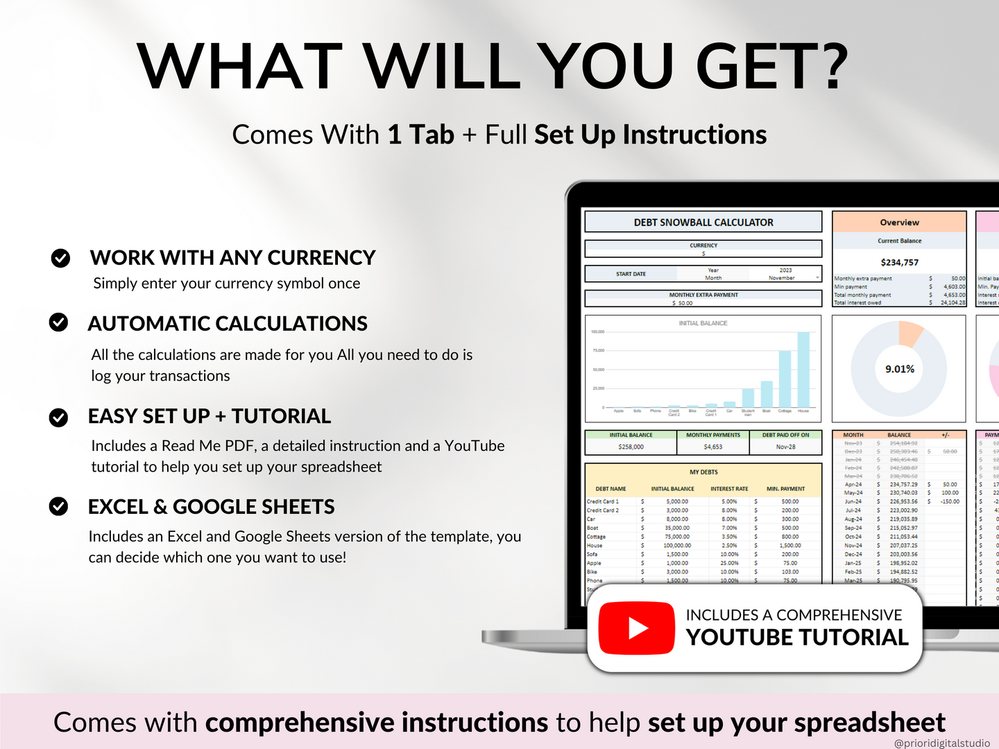 Debt Snowball Spreadsheet Google Sheet Excel Debt Payoff Tracker Debt Snowball Calculator Student Loan Payoff House Debt Payoff Credit Cards