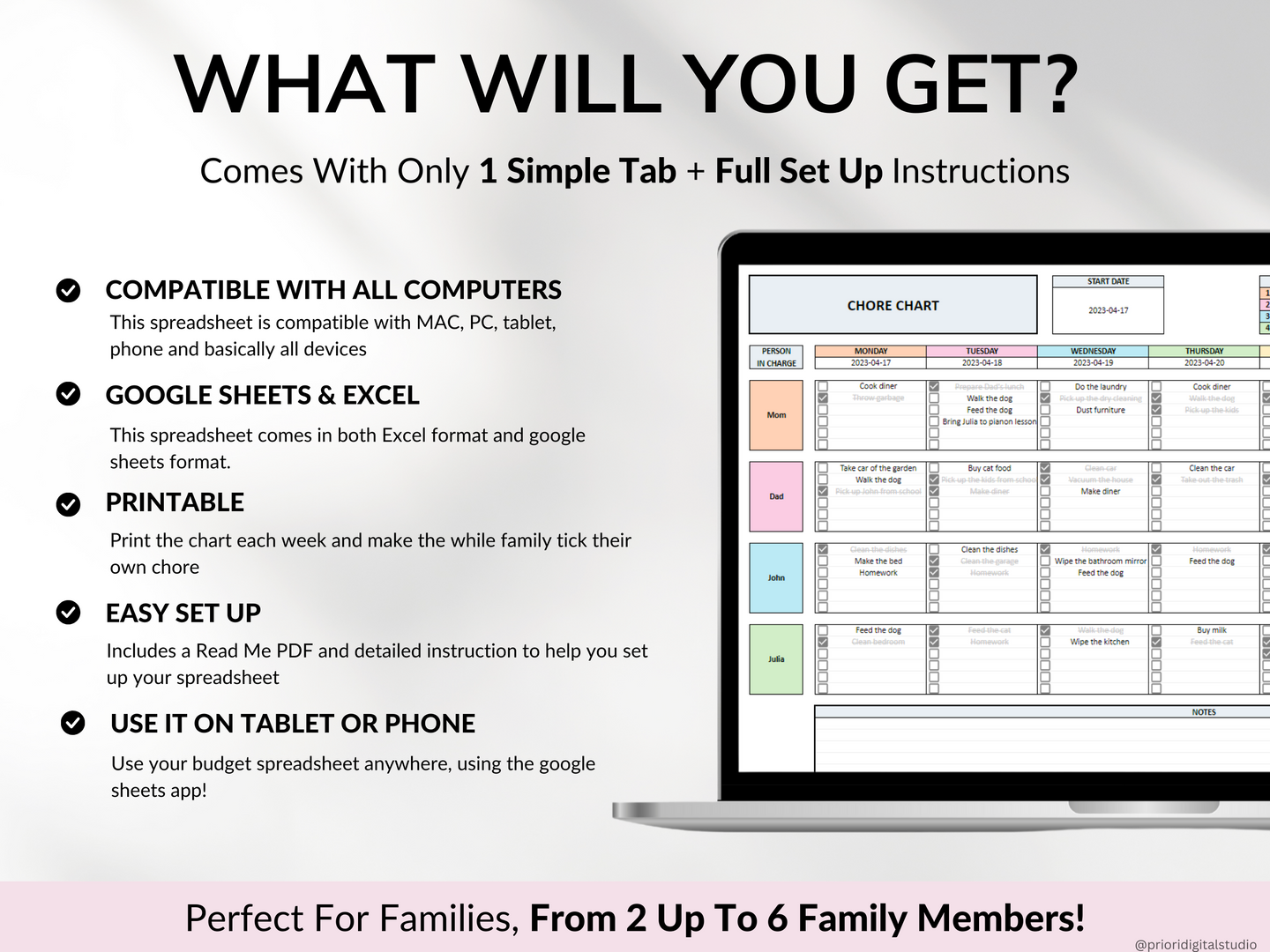 Printable Chore Chart Google Sheet Excel Template Planner Family Chore Cart Weekly Calendar Cleaning Checklist Daily Chore Chart for Kids