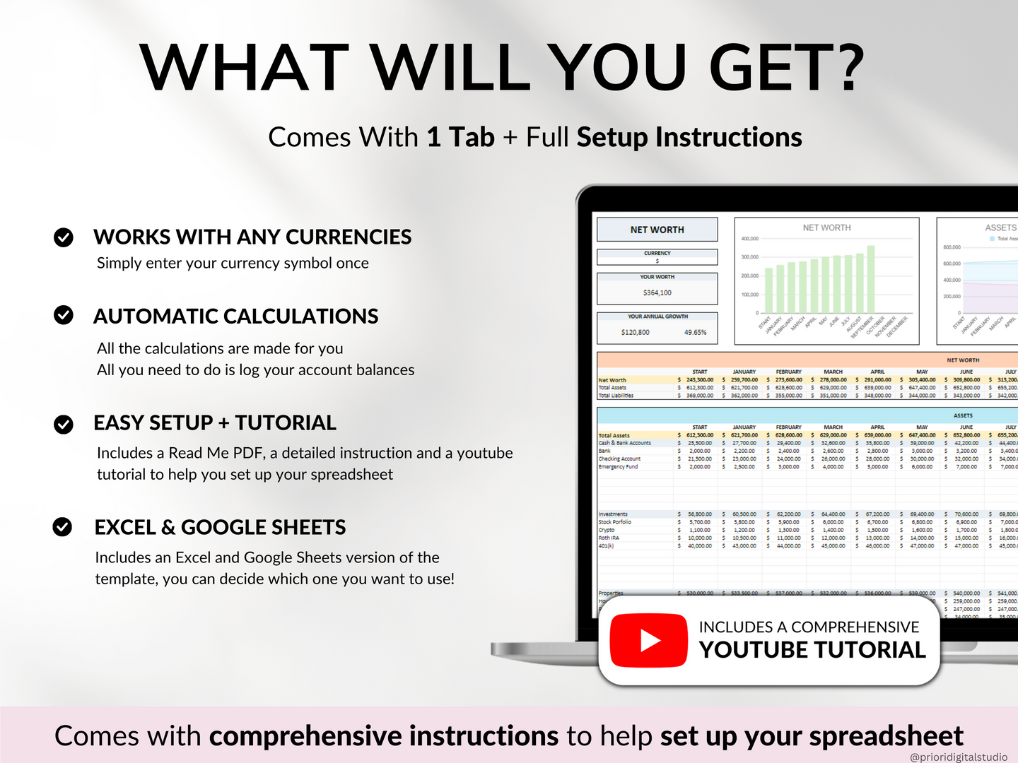 Net Worth Tracker Spreadsheet Template Google Sheets Excel Annual Net Worth Dashboard Personal Finance Assets Liabilities Template Planner