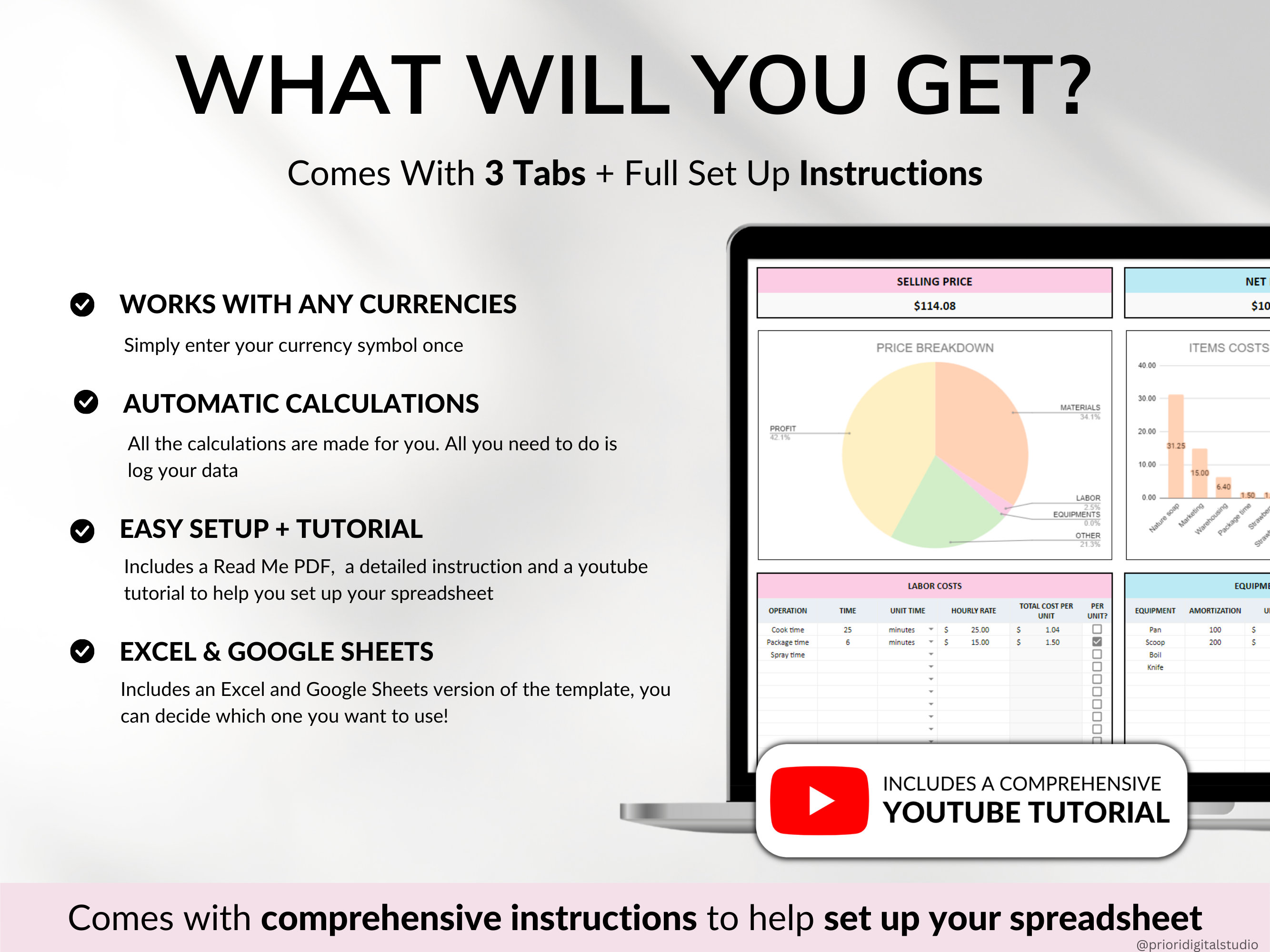 Pricing Calculator for Small Business Google Sheets Excel Business Tracker Handmade Products Pricing Template Profit Margin Pricing Guide#color_multicolor