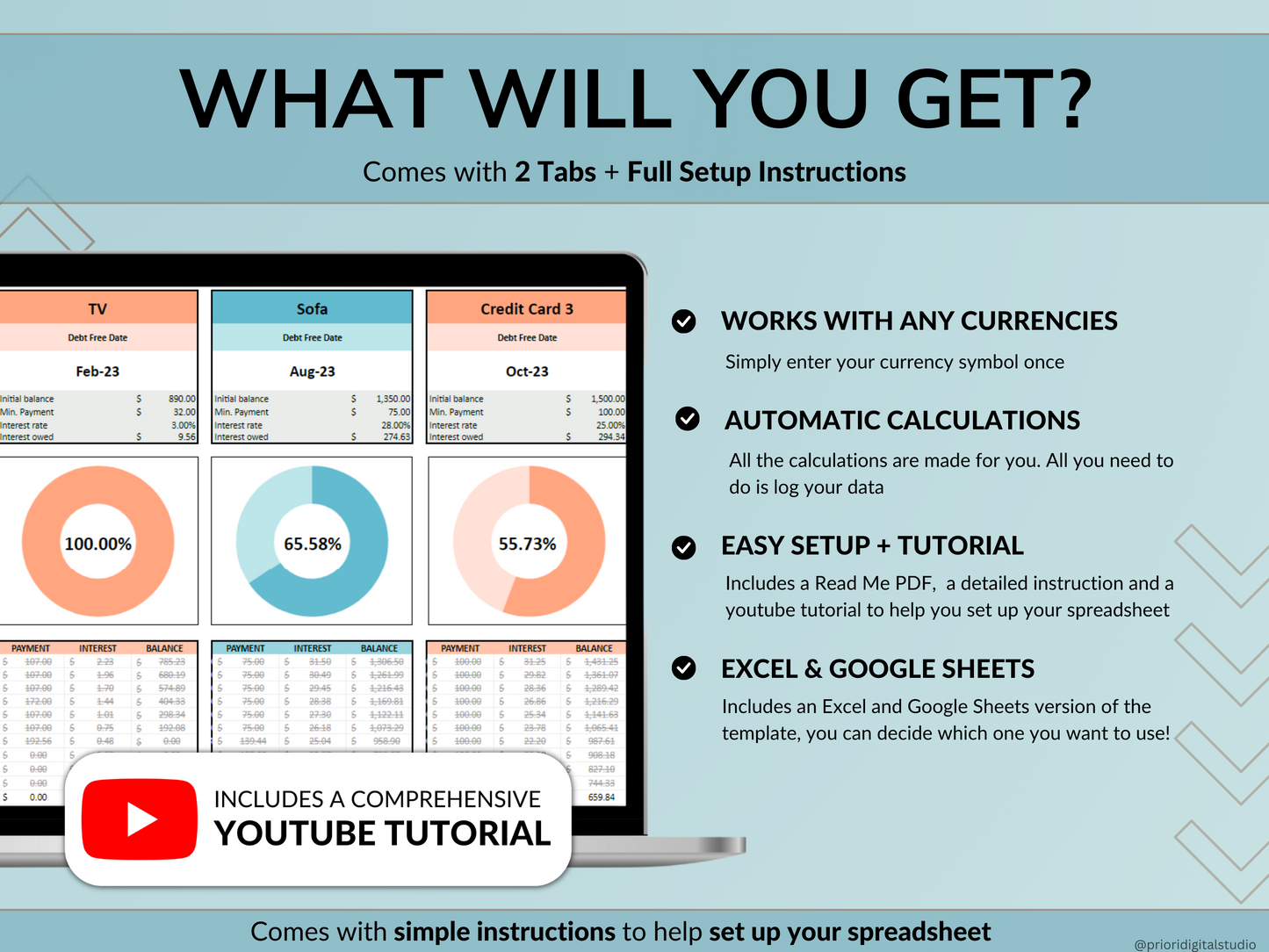 Debt Tracker Payment Debt Snowball Excel Debt Avalanche Calculator for Google Sheet Student Loan Mortgage House Payment Credit Card Payoff