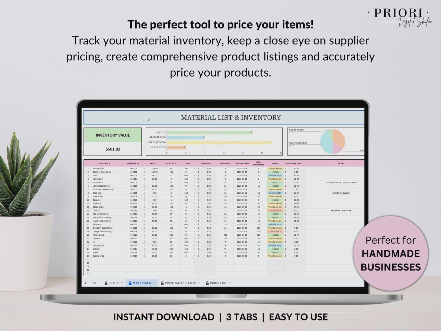 Pricing Calculator for Small Business Google Sheets Excel Business Tracker Handmade Products Pricing Template Profit Margin Pricing Guide