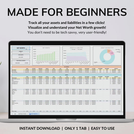 Net Worth Tracker Spreadsheet Template Google Sheets Excel Annual Net Worth Dashboard Personal Finance Assets Liabilities Template Planner