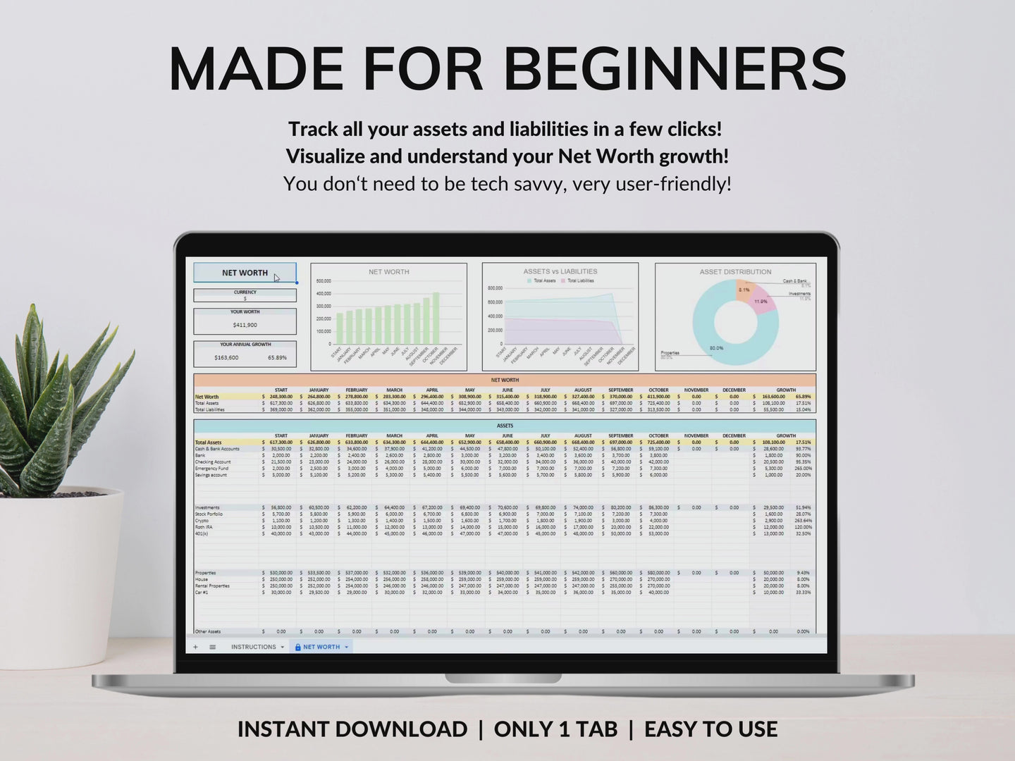 Net Worth Tracker Spreadsheet Template Google Sheets Excel Annual Net Worth Dashboard Personal Finance Assets Liabilities Template Planner