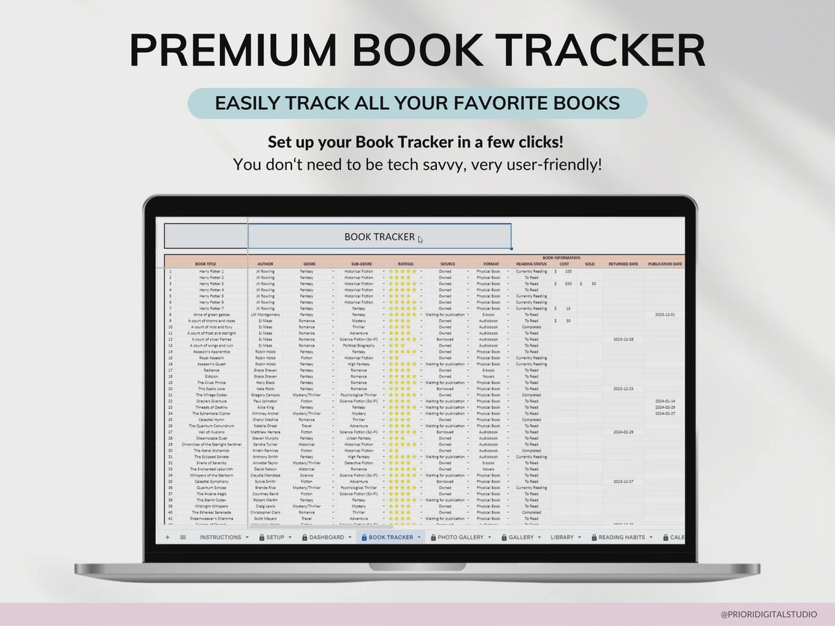 Premium Book Tracker Spreadsheet Template | Priori Digital Studio ...
