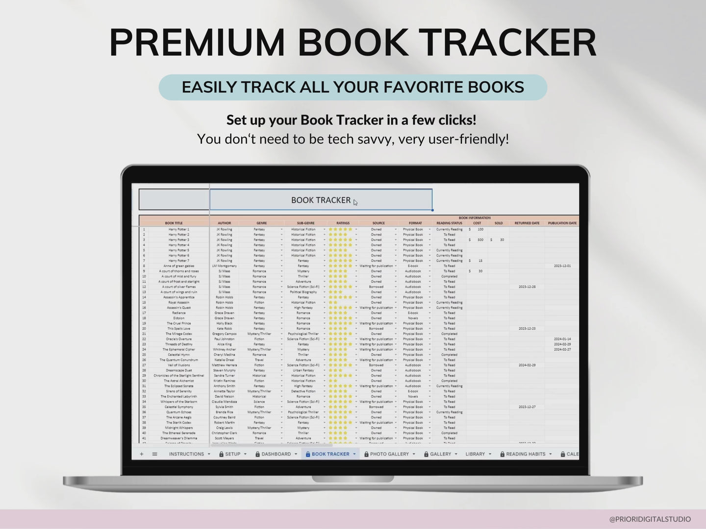 Book Tracker & Reading List Planner Google Sheets Excel Reading Tracker Book Review Spreadsheet Template Book Journal Gift for Book Lover