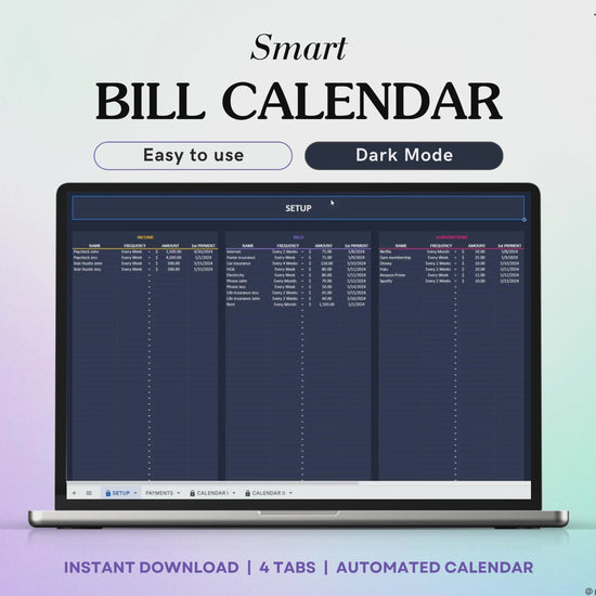 Bill Tracker Spreadsheet Dark Mode Google Sheets Excel Bill Calendar Monthly Smart Bill Planner Editable Calendar Personal Finance Budget