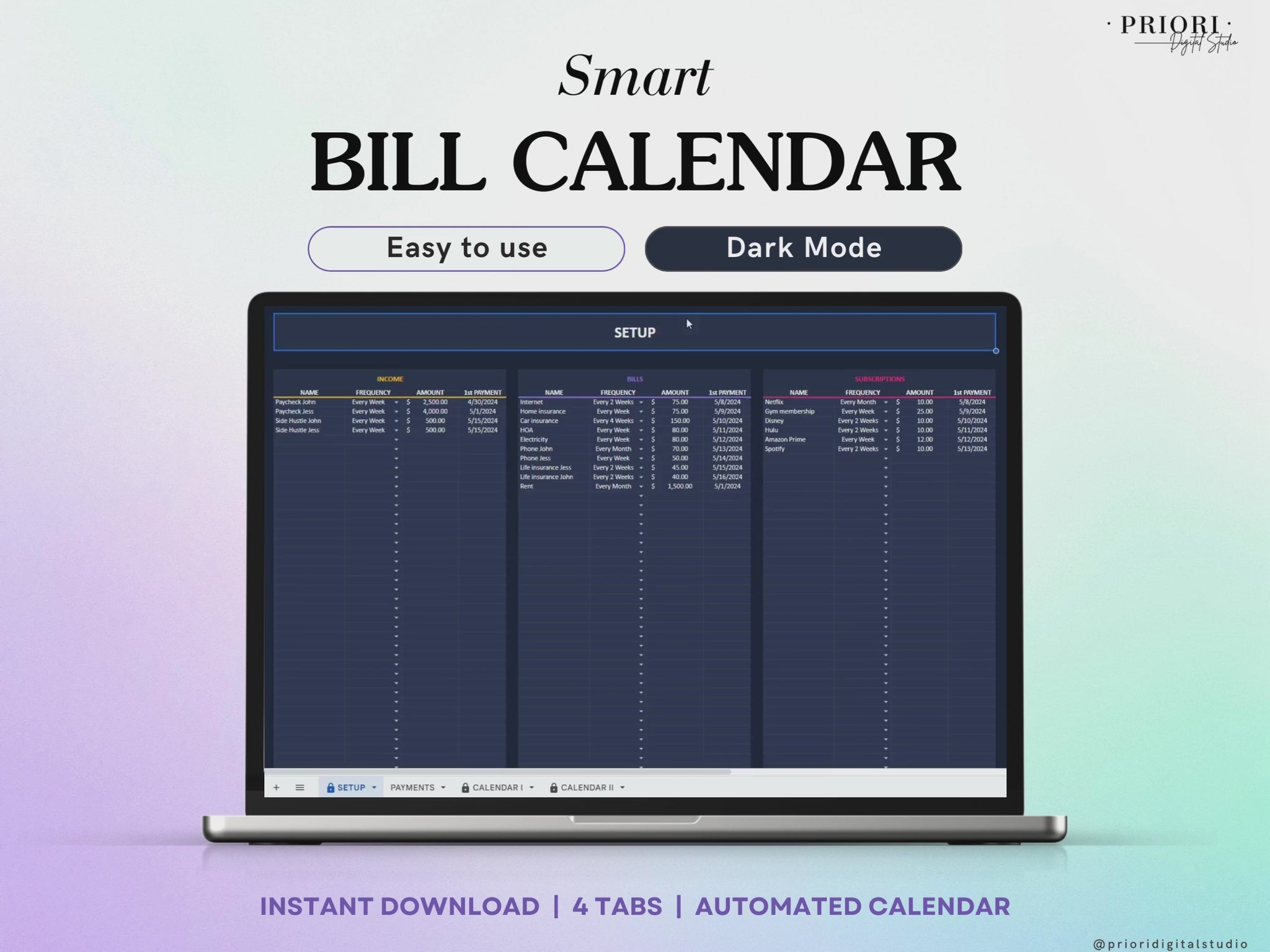 Bill Tracker Spreadsheet Dark Mode Google Sheets Excel Bill Calendar Monthly Smart Bill Planner Editable Calendar Personal Finance Budget