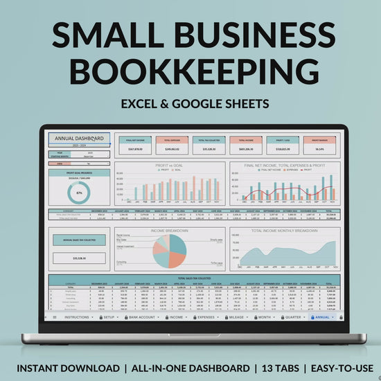 Small Business Bookkeeping Spreadsheet Income Expense Tracker Tax Tracker Accounting Template Mileage Tracker Business Planner Profit & Loss Excel Google Sheets