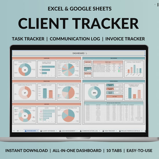 Client Tracker Spreadsheet for Small Business with Task Tracker Customer CRM Dashboard Google Sheets Excel Lead Management Invoice Tracker