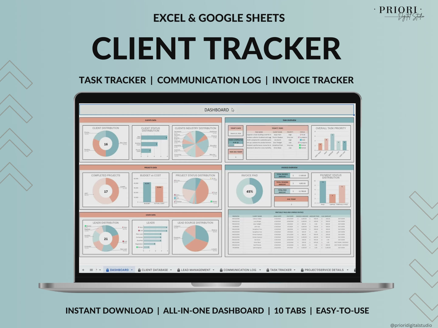 Client Tracker Spreadsheet for Small Business with Task Tracker Customer CRM Dashboard Google Sheets Excel Lead Management Invoice Tracker