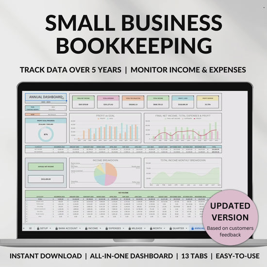 Small Business Bookkeeping Spreadsheet Income Expense Tracker Tax Tracker Accounting Template Mileage Tracker Business Planner Profit & Loss Excel Google Sheets