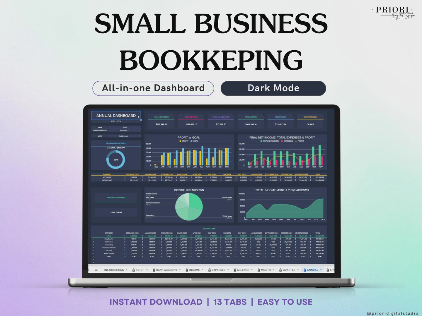 Small Business Bookkeeping Spreadsheet Dark Mode Income Expense Tracker Tax Tracker Dark Accounting Template Business Planner Profit & Loss Excel Google Sheets