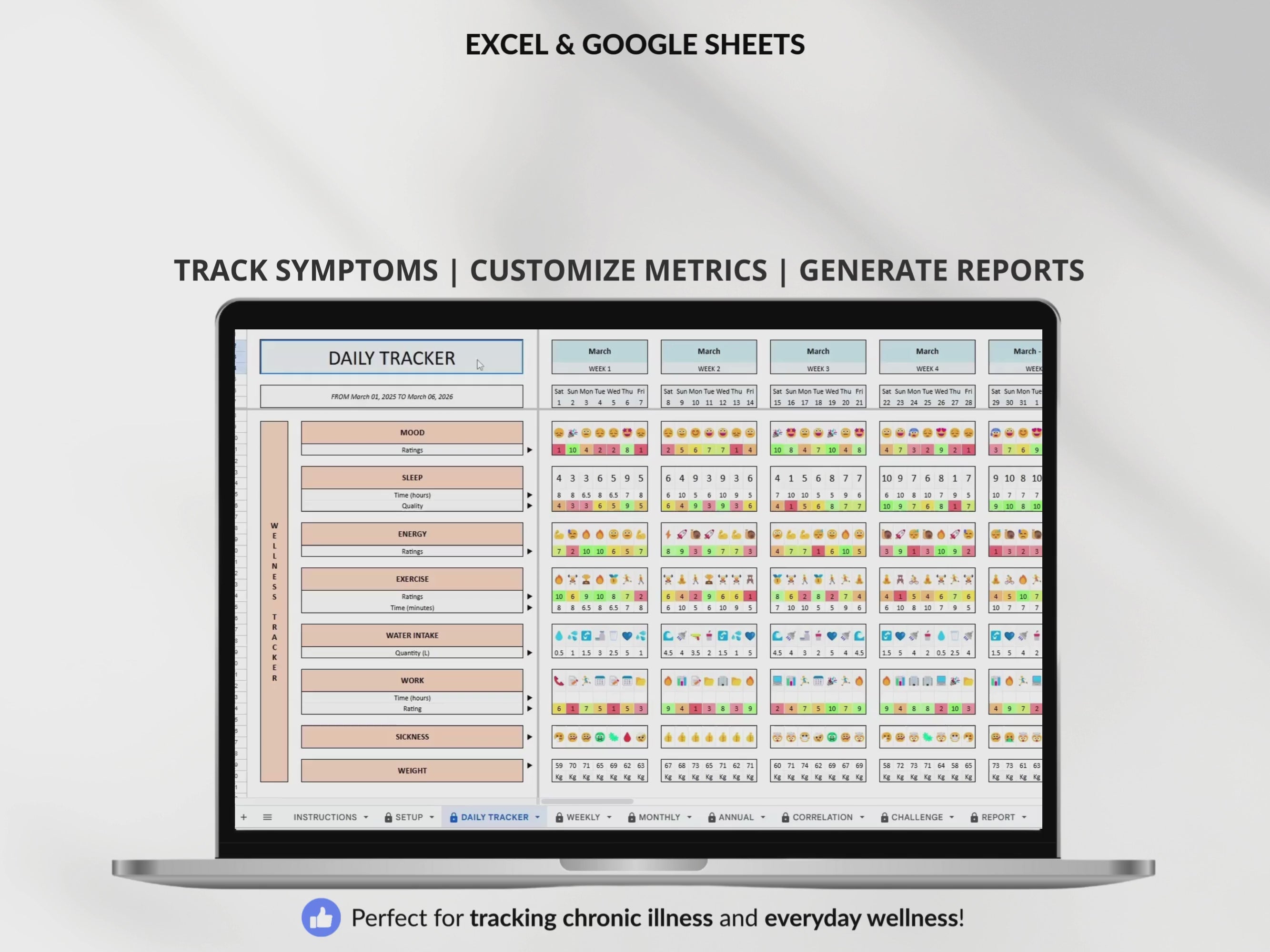 Health Wellness Tracker Spreadsheet Google Sheets Chronic Illness Symptom Log Daily Mental Health Journal Pain Tracker Excel Medical Binder