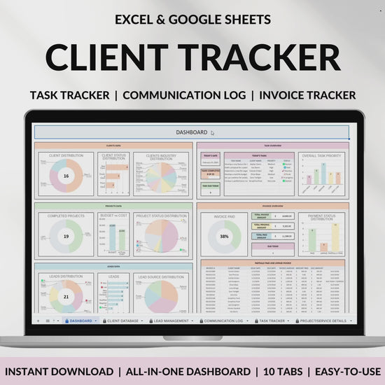 Client Tracker Spreadsheet for Small Business with Task Tracker Customer CRM Dashboard Google Sheets Excel Lead Management Invoice Tracker