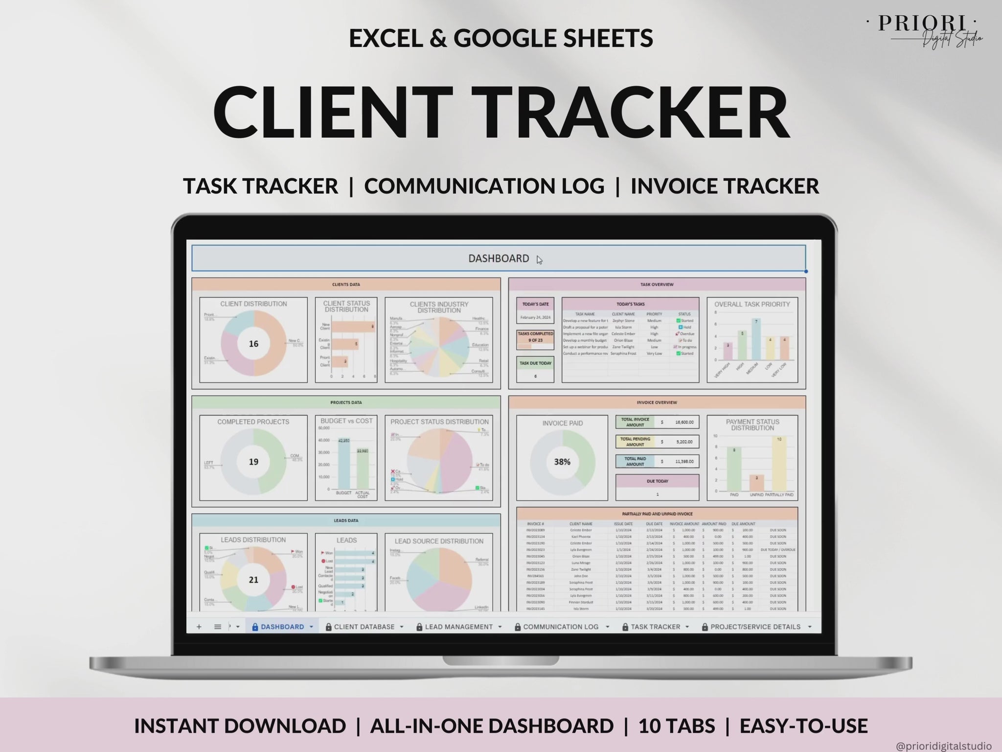 Client Tracker Spreadsheet for Small Business with Task Tracker Customer CRM Dashboard Google Sheets Excel Lead Management Invoice Tracker