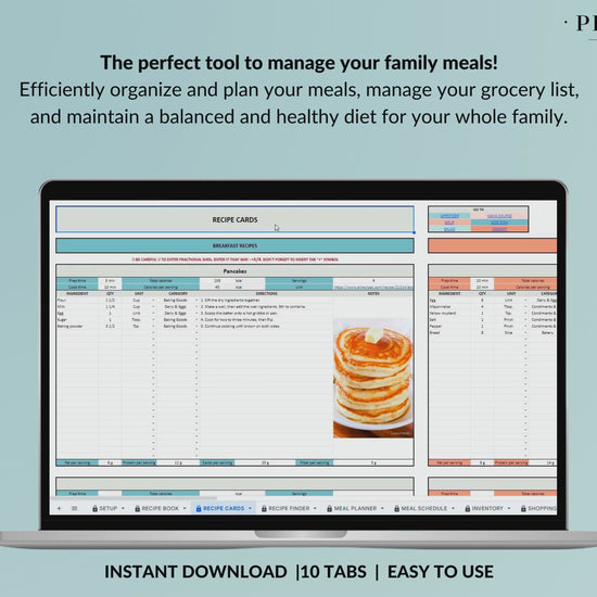 Weekly Meal Planner Spreadsheet Google Sheets Excel Recipe Journal Calorie Tracker Automatic Grocery List Weight Loss Tracker Food Inventory Blue