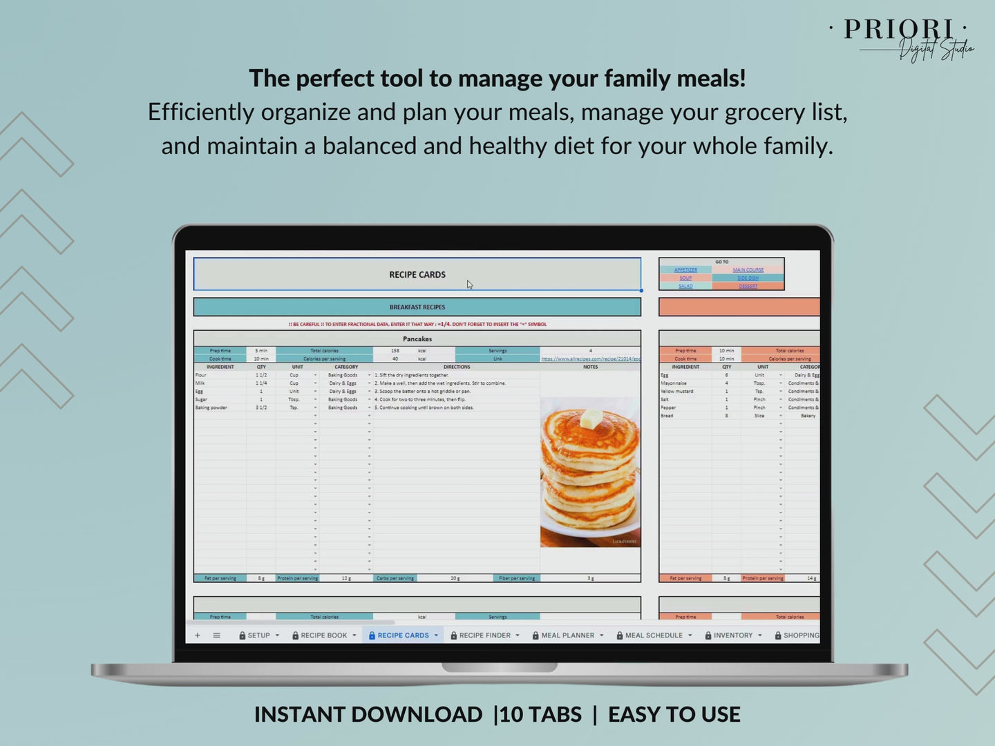 Weekly Meal Planner Spreadsheet Google Sheets Excel Recipe Journal Calorie Tracker Automatic Grocery List Weight Loss Tracker Food Inventory Blue