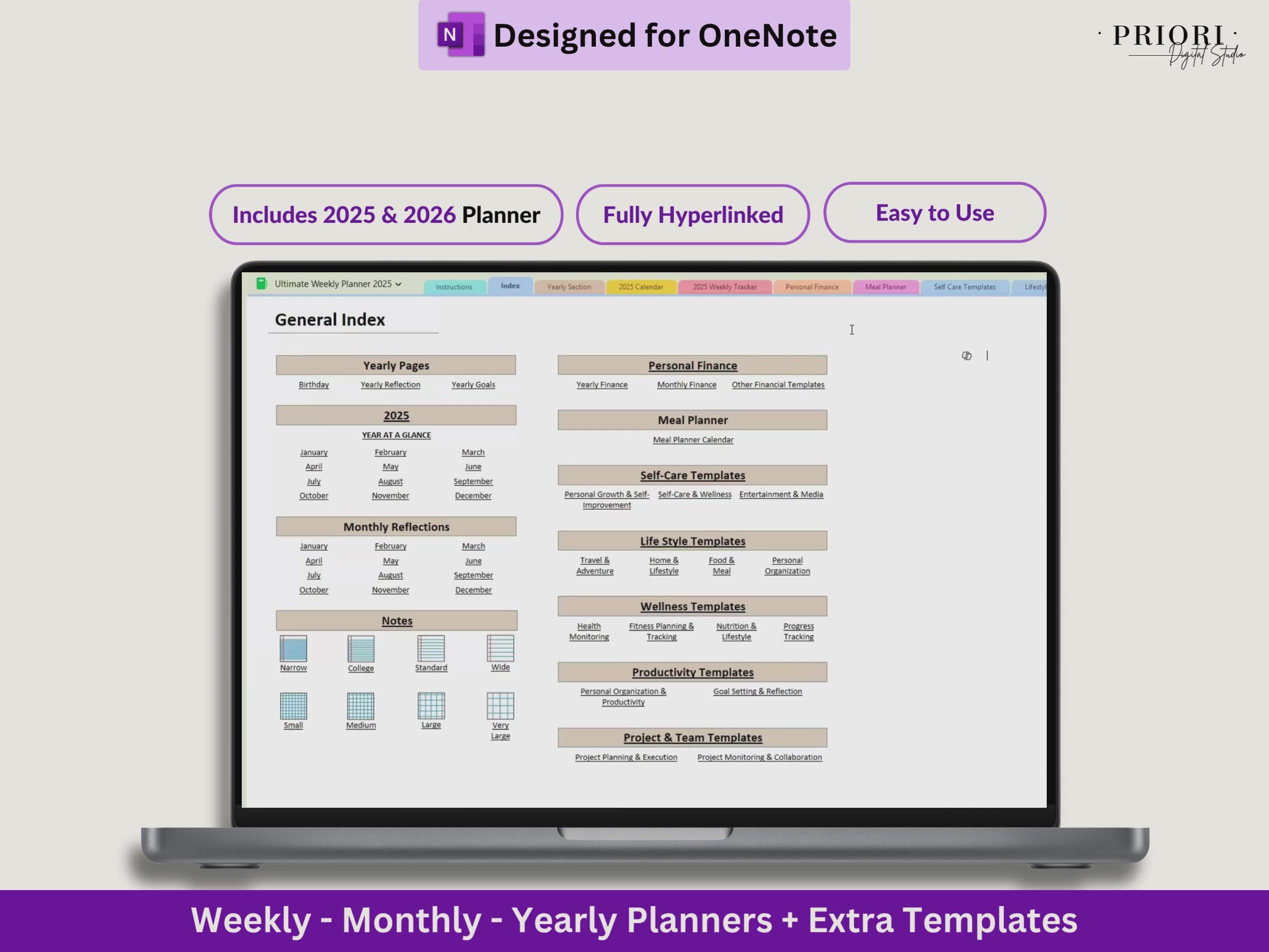 OneNote Template for 2025 Weekly Digital Planner Monthly OneNote Planner Hyperlinked Planner Organization Planner Professional Dated Planner