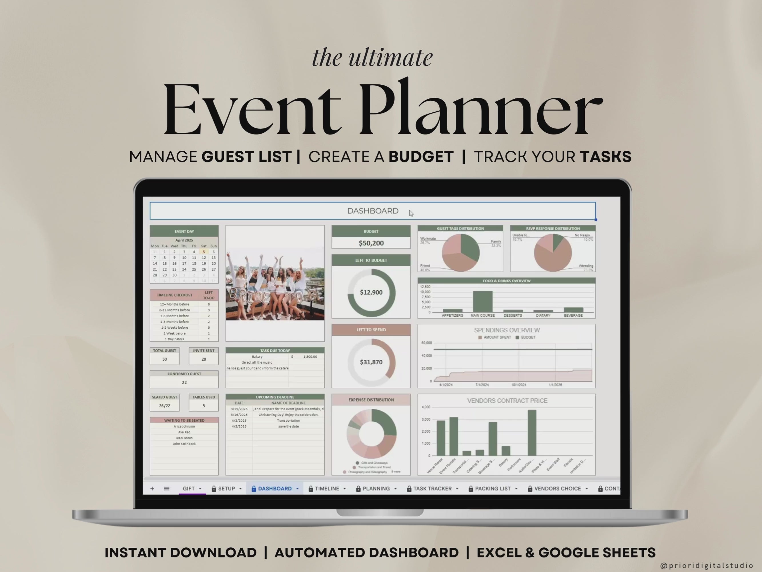 Event Planner Spreadsheet Party Planning Spreadsheet Google Sheets Excel Budget Tracker Bridal Shower Organizer Baby Shower Planner Template