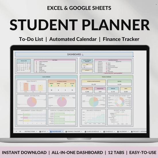 Student Planner with Assignment Tracker Academic Planner Google Sheets Excel Task Tracker To-Do List Automated Calendar Budget Finance Tracker