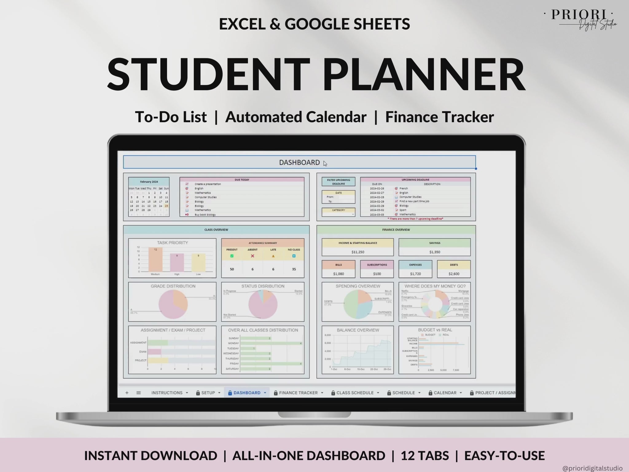 Student Planner with Assignment Tracker Academic Planner Google Sheets Excel Task Tracker To-Do List Automated Calendar Budget Finance Tracker